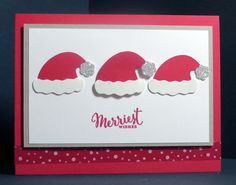 a christmas card with three santa hats on it's side and the words merry written in silver glitter