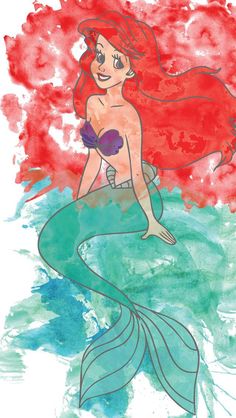 a drawing of a little mermaid sitting on top of a blue and red watercolored background