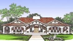 this is an artist's rendering of the front elevation of these mediterranean house plans