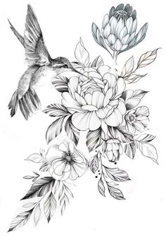 a black and white drawing of a hummingbird flying over flowers with the words more like this