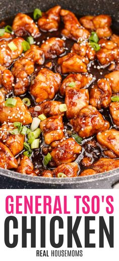 general tso's chicken in a skillet with text overlay