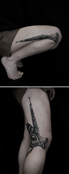 two pictures of the same person's legs with tattoos on them