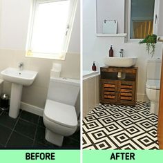 before and after photos of a bathroom with black and white floor tiles, the same color as the walls