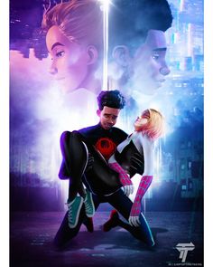 the poster for spider - man into the spider - verse is shown in front of an image of two people