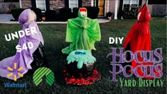 three halloween yard decorations in front of a house with the words under $ 40 diy