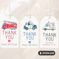 four tags with thank you for all that you do written on them and an ambulance