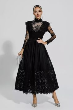 Jamie Black Floral Lace Stitching Long Sleeve Dress Element Dress, House Dresses, House Dress, Patchwork Designs, Product Images, Lace Detail, Floral Lace, Black Floral, Sleeve Dress