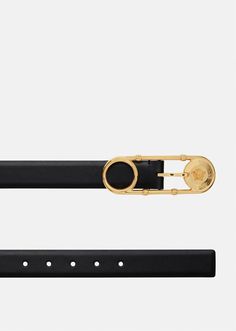 Crafted in supple leather, this slim belt features the iconic Safety Pin hardware buckle. Womens Safety, Slimmer Belt, Appointment Book, Versace Belt, Buckle Belt, Safety Pin, Belts For Women, Online Design, Leather Belt