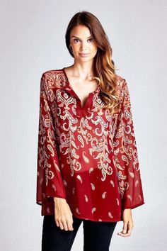 Long Sleeve Paisley Print Top in Two Colors | TRAITS Fall Paisley Print V-neck Blouse, Fall V-neck Blouse With Paisley Print, Trendy Long Sleeve Blouse With Paisley Print, Fall Paisley Print Flowy Blouse, Printed Tunic Blouse For Fall, Bohemian Chiffon Tops For Fall, Chic Flowy Paisley Print Tops, Trendy Boho Print Blouse For Fall, Printed Chiffon Tops