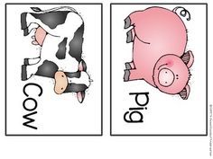 two pictures with animals and words on them, one has a cow in the middle