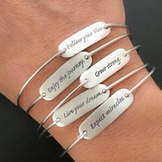 Adjustable Stamped Bracelets, Meaningful Adjustable Silver Bracelets, Meaningful Silver Adjustable Bracelets, Adjustable Silver Bracelets With Meaningful Style, Inspirational Adjustable Hand Stamped Jewelry, Inspirational Adjustable Bangle, Hand Stamped Jewelry For Friendship, Inspirational Hypoallergenic Silver Bracelets, Handmade Inspirational Silver Bracelets