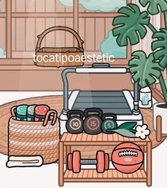 an image of a living room with various things on the table and in front of it