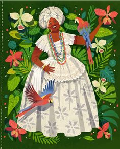 a painting of a woman in a white dress surrounded by tropical plants and parrots