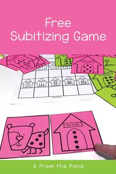 a pink and green poster with the words free subtizing game in front of it