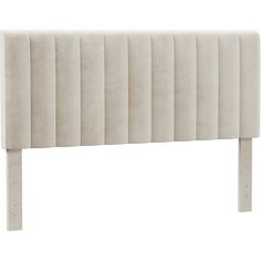 an upholstered headboard with wooden legs, made in beige velvet and white fabric