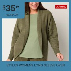 Closure Type: Open FrontFit: Loose FitNeckline: Open NeckSleeve Length: Long SleeveSleeve Style: Dolman SleeveApparel Length: 29.5 Inches - BackFiber Content: 73% Polyester, 25% Recycled Polyester, 2% SpandexCare: Machine WashOwned & Founded: Women Owned/FoundedCountry of Origin: Imported Cardigan Green, Large Sweaters, Small Sweater, Open Front Cardigan, Shawl Collar, Stylus, Cardigans For Women, Front Open, Women Long Sleeve