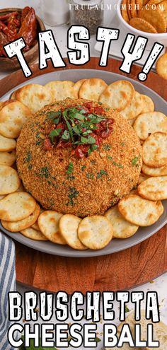 a plate full of crackers and cheese balls with the words tasty on it