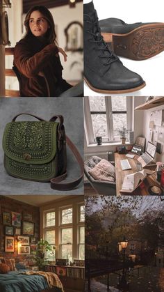 the collage shows different types of shoes and purses