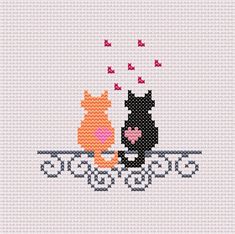 two cats sitting on top of each other in front of a cross - stitch pattern