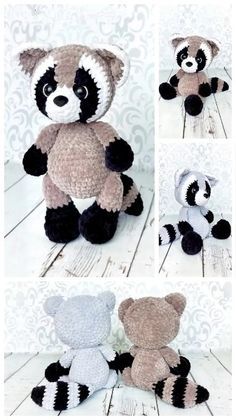 four pictures of stuffed animals with different colors and sizes, including one raccoon