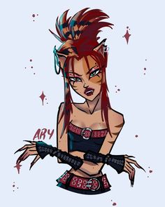 a drawing of a woman with red hair and piercings on her head, wearing black bra