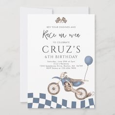 a birthday party card with a dirt bike and balloon on it's back, in white