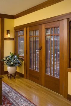 an entryway with wooden doors and potted plant on the floor next to it