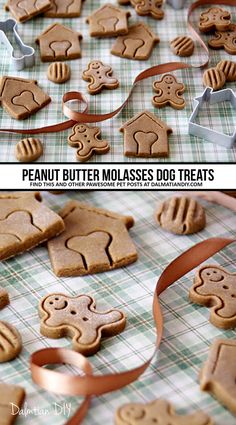 peanut butter molasss dog treats on a table with ribbon and cookie cutters