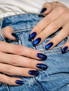 September Sapphire Nails, Plum Cat Eye Nails, Blue Round Acrylic Nails, Dark Blue Round Nails, Dark Blue Metallic Nails, Deep Color Nails, Dark Blue Nails With Chrome, Sparkly Dark Blue Nails, Dark Blue Chrome Nails Designs