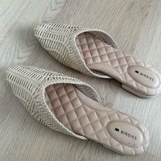 Only Worn Once And In Perfect Condition. Chic Beige Heels For Summer Outings, Chic Flat Mules With Woven Sole, Beige Slip-on Mules With Woven Sole, Cream Sandals With Rubber Sole For Beach, Spring Woven Leather Flat Mules, Flat Woven Leather Mules For Spring, Spring Flat Woven Leather Mules, Beige Slip-on Sandals With Textured Footbed, Beige Woven Leather Sandals With Flat Heel