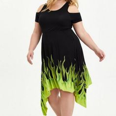 Torrid Disney Sleeping Beauty Maleficent Flame Cold Shoulder Shark Bite Dress New With Tag Size 00 / Medium / Large / 10 Color Black And Green Turn Heads In This Fiery Maleficent Jersey Dress That Features Cold-Shoulder Cutouts And A Sharkbite Hem. Jersey Fabric Scoop Neck Shoulder Cutouts Short Sleeves Front Pockets Stretch Waist Sharkbite Hem Approximate Measurements Flat Lay Pit To Pit 19" Shoulder To Hem 41" New To Poshmark? Use Offer Code Ken_ken1 When You Sign Up For $10 Off Your First Purchase. Smoke Free Home 551 Red Peplum Dresses, Sally Costume, Sleeping Beauty Maleficent, Green Sweater Dress, Disney Maleficent, Special Occasion Gowns, Betsey Johnson Dress, Long Sleeve Skater Dress, Asymmetrical Midi Dress