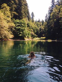 a person swimming in a lake surrounded by trees