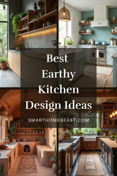 An image showcasing various earthy kitchen designs, featuring rustic wood, stone accents, greenery, and warm, natural tones for a cozy and stylish home. Earthy Modern Kitchen Design, Earthy Interior Design Kitchen, Earthy Vintage Kitchen, Earthy Kitchen Backsplash Ideas, Earthy Kitchen Colors, Earthy Kitchen Color Schemes, Natural Earthy Kitchen, Kitchen Earth Tones, Natural Kitchen Ideas