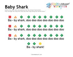 the baby shark song is written in green and red letters, along with other words