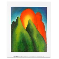 a painting of mountains with the sun in the sky above them and an orange ball on top