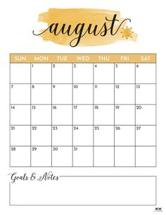 the august calendar with gold watercolor paint