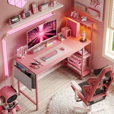 a pink desk and chair in a child's room