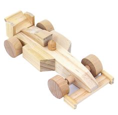 a wooden toy race car with wheels