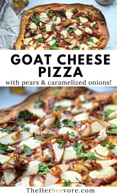 two different types of goat cheese pizza with parmesan and caramelized onions