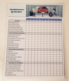 a car maintenance checklist is shown on the wall in front of a white background