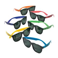 six pairs of sunglasses with different colors on them