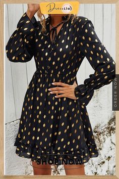 Fashion Street Print V Neck A Line Dresses Gold Long Sleeve Mini Dress For Fall, Gold Long Sleeve Mini Dress For Spring, Casual Gold Dress For Fall, Casual Gold Mini Dress, Casual Gold Long Sleeve Dress, Casual Long Sleeve Gold Dress, Line Dresses, A Line Dresses, Chiffon Fashion