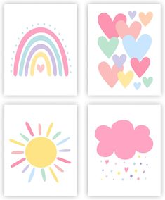 four different prints with hearts, rainbows and clouds