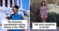 two pictures with the same caption in different languages, one has an american grandmother visiting athenes in the 1960s