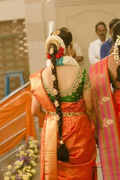 Amazing Photo gallery of South Indian Bridal Hairstyles & Poojadai(Veni). Get Inspired from our Brides's Wedding look. South Indian Bridal Hairstyles, Indian Bridal Hair, Wedding Hairs, Pattu Saree Blouse Designs, Wedding Saree Blouse, Wedding Saree Blouse Designs