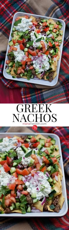 greek nachos with meat, cheese and vegetables in a pan on a plaid tablecloth