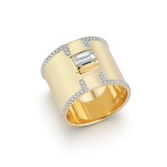 14kt Diamond Tralis Cigar Band Bold and beautiful, this timeless cigar band is made of a brilliant emerald cut diamond mounted in solid gold and accented by diamonds. This ring is a show stopper and is bound to stand out. 14kt Yellow Gold 11.01gm Gold 0.54ct Diamonds 0.61 D VS1 Diamond - Center Stone 12mm Wide Made in New York Modern Wide Band Jewelry With Diamond Accents, Formal Wide Band Diamond Ring With Single Diamond, 14k Gold Jewelry With Baguette Diamonds In Diamond White, Luxury 14k Gold Jewelry With Baguette Diamonds, Wide Band Wedding Jewelry With Single Diamond, Luxury Emerald Cut Single Diamond Jewelry, Luxury Diamond Jewelry With Baguette Cut, Classic Wide Band Jewelry With Single Diamond, Timeless Yellow Gold Baguette Diamond Jewelry