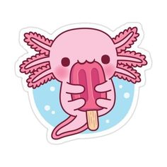 an ice cream sticker with pink squid on it's head and legs, sitting in