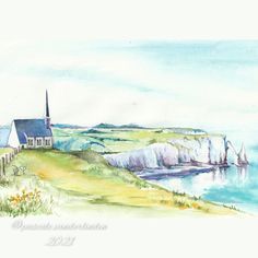 a watercolor painting of a church on a hill overlooking the ocean with sailboats