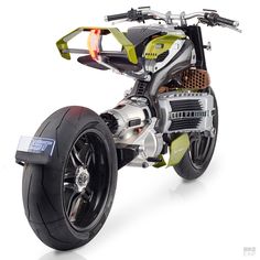 an electric motorcycle is shown with wheels and tires on the front wheel, as well as two